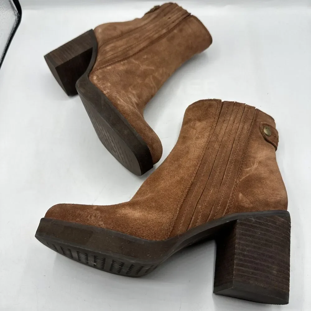 NEW Zodiac Phoenix Brown Cognac Suede‎ Chunky Block Heel Booties Sz 7